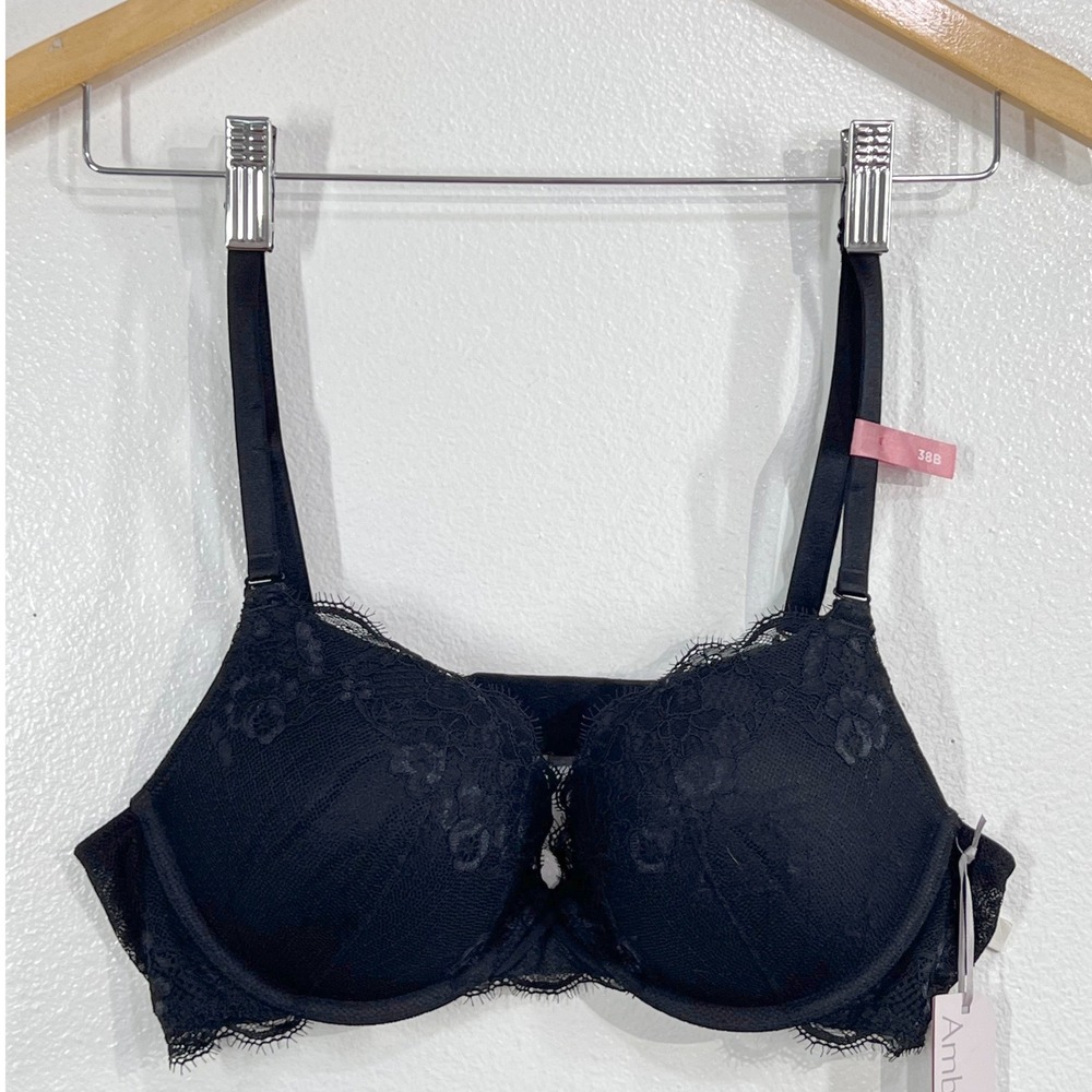 NWT Ambrielle Everyday Convertible Plunge Push-Up Bra 38B Black Floral Lace